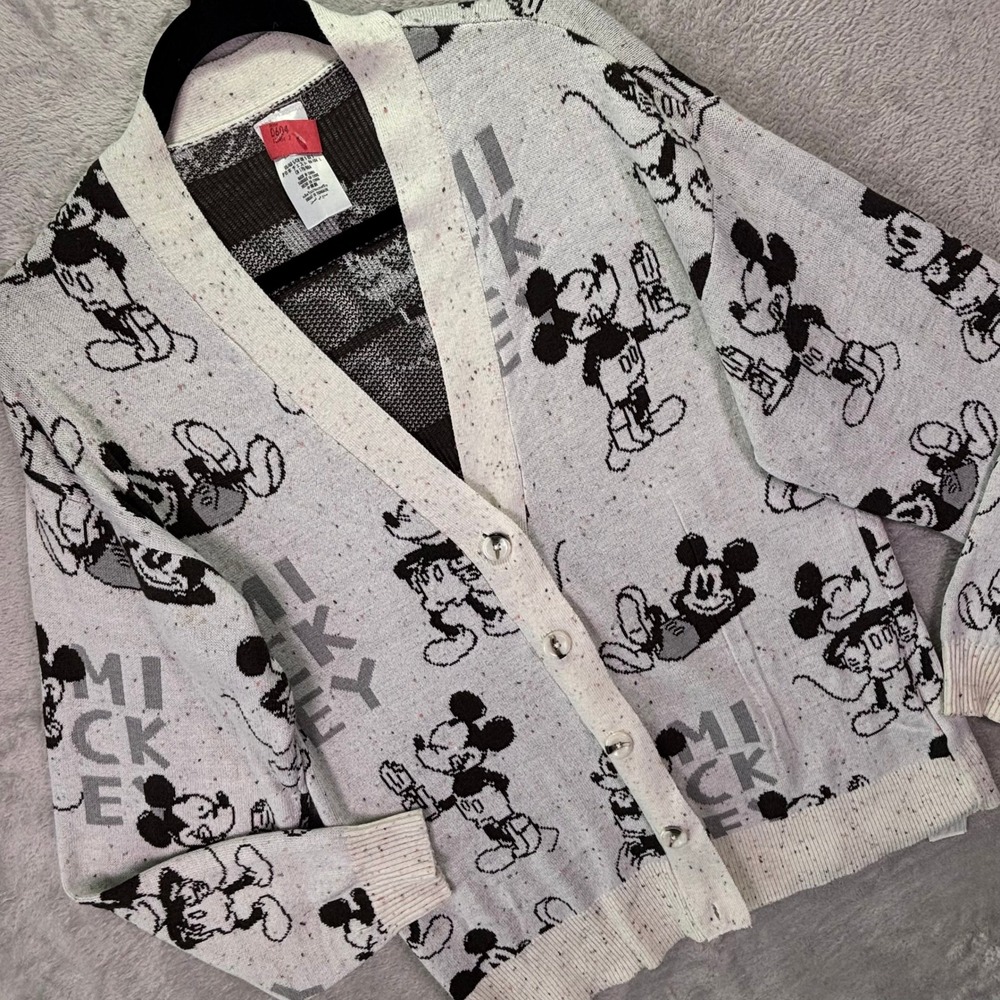 Disney Women Cardigan S White Mickey Mouse All Over Print Speckled Knit Button